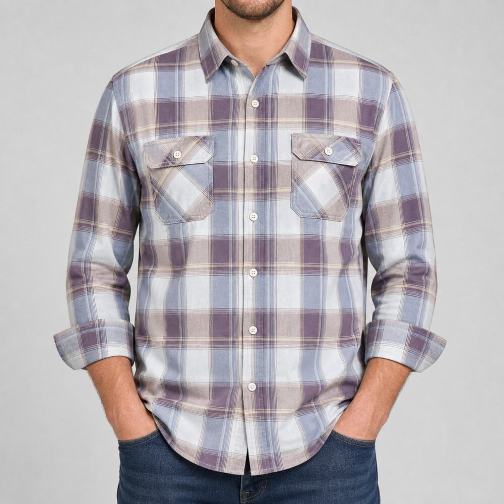 Tommy Bahama Jeans Shirt Mens 2XL Purple Pink Plaid Flip Cuffs Button-Down